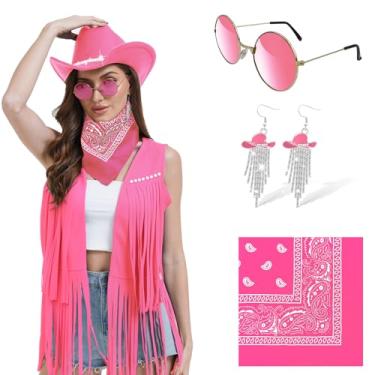 Imagem de FunMular Roupa ocidental de discoteca para mulher, roupa de vaqueira, acessórios de fantasia, chapéu de cowboy, borla, colete com franjas, brinco, bandana para o Dia das Bruxas