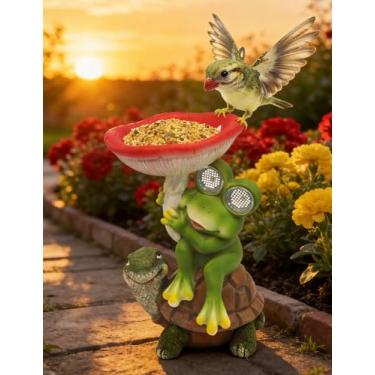 Imagem de Divertido alimentador de pássaros de sapo e tartaruga decoração de jardim - Estátuas solares de jardim de 25 cm com luzes LED, estátuas ao ar livre para pátio, varanda, gramado, aniversário, Natal