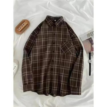 Imagem de Camisa Xadrez Oversized Feminina De Manga Longa Estilo Vintage Streetw