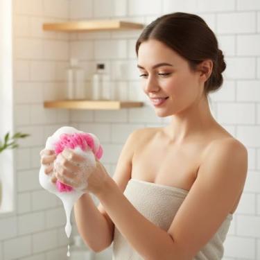 Imagem de Esponjas de bucha de banho de favo de mel - esfregões de banho de espuma super absorventes, design elástico macio expansível reutilizável com laço para pendurar, suave (pacote com 3)