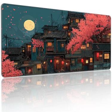 Imagem de Tapete de mouse com cena noturna de anime japonês flor de cerejeira, 2GG estendido 90 x 40 cm, base de borracha antiderrapante, superfície de pano de microfibra, tapete de mesa de jogo
