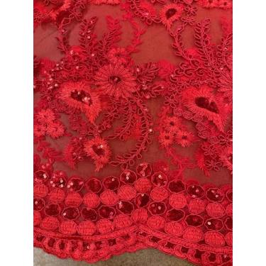 Imagem de Sedona Designz Tecido de renda floral com cordão de 122 cm/127 cm de largura com lantejoulas – Tecido de malha bordado para formatura e noiva com bordas recortadas, elegante para vestidos, decoração e