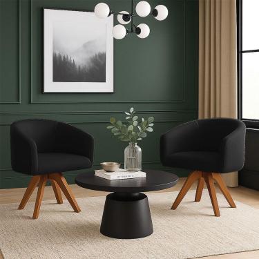 Imagem de Poltrona Sala Base Giratória Madeira Kit 2 Arielle Veludo Preto D03 - D'rossi