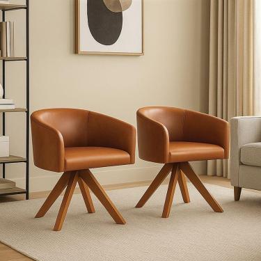 Imagem de Poltrona Sala Base Giratória Madeira Kit 2 Arielle Sintético Pu Whisky D03 - D'rossi