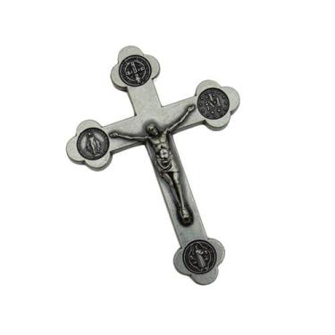 Imagem de Crucifixo de mão em metal com medalha Milagrosa e São Bento prata velh