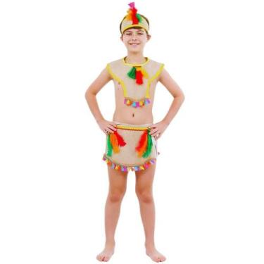 Imagem de Fantasia Índio Infantil Curta Com Cocar - Sulamericana, G 9 - 12, Bege