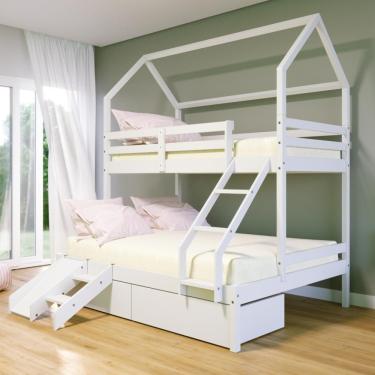Imagem de Beliche Casinha Casal-solteiro Slim Rb Com 02 Gavetas E Mini Escada-escorregador Madeira Branco