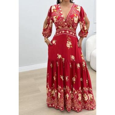 Imagem de Vestido Longo Inspirado em Estampas Tropicais - Flor de Maria, Vermelh
