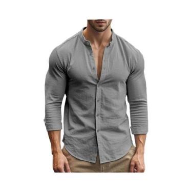 Imagem de Camisa Havaiana Masculina Slim Fit Em Algodão E Linho, Cor Sólida, Res