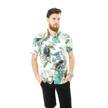 Imagem de Camisa Masculina Manga Curta Viscose Modelagem Regular Folhas Verde-Masculino