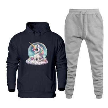 Imagem de Conjunto de Moletom Canguru Plus Size Feminino Blusa Estampa Unicornio Com Calça Jogger Basica-Feminino