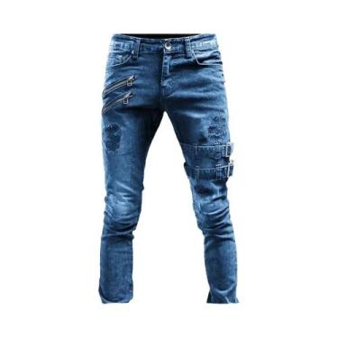 Imagem de Calças Jeans Masculinas Retrô Estilo Motoqueiro, Skinny Com Zíper E Fu