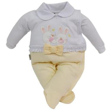 Imagem de Macacão Longo Luxo Bebê Menina Amarelo Bordado Enxoval 88004 - CHUQUIN