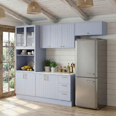 Imagem de Cozinha Modulada 5 Peças 2 Aéreo 2 Balcão com Tampo 1 Cristaleira Marselha Cabecasa Madeiraoriginals Azul Sereno