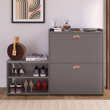 Imagem de Sapateira Vertical Milano 2 Gavetas Basculantes Prateleira Porta Calçados Banquinho Hall Entrada Canto Quarto Retrô - Cinza Pérola  - RPM
