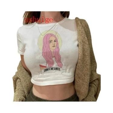 Imagem de Camiseta Vintage Crop Top Harajuku Feminina De Manga Curta Com Gráfico