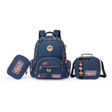 Imagem de Kit Mochila Lancheira Estojo Jeans Minnie Infantil Escolar Rodinha Disney Feminina-Femi...