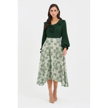Imagem de Saia Estampada Verde Godê Barra Irregular - Via Tolentino, Verde, 38