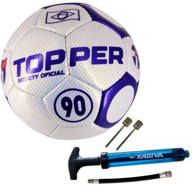 Imagem de Kit Bola de Futebol Society Topper 90 Oficial com Bomba de Ar Dupla Ação Roxo e Azul Vitória