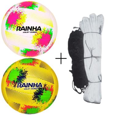 Imagem de Kit de Vôlei Sunny com 2 Bolas e Rede Master Seda 5m para Lazer Amarelo e Branco e Preto Rainha