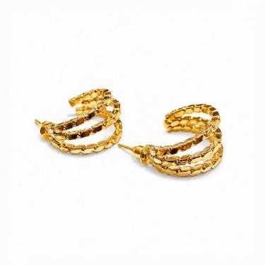 Imagem de Brinco Feminino Argola Tripla 2cm Moderno Latão Dourado Prata Elegânci
