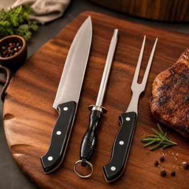 Imagem de Kit Churrasco 3 Peças Faca Chaira Garfo Trinchante Aço Inox Utensílios