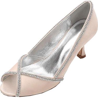 Imagem de Vestido feminino Peep Toe strass salto gatinha sapatos de noiva slip on pump festa noite, Champanhe, 7