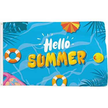 Imagem de Hello Summer Flag 3x5 Ft Banner Decorações Piscina Pato Anel de Natação Sinal de Quintal Suprimentos de Festa Decoração de Feriado Bandeiras Divertidas Boas-vindas Duplo Sched com Ilhós de Latão Casa Outdoor Ga