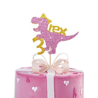 Imagem de 3 topo de bolo Rex, decoração de bolo de dinossauro de três bolos, topo de bolo de aniversário de dinossauro para menina de 3 anos, artigos de festa de aniversário de dinossauro - glitter rosa e dourado