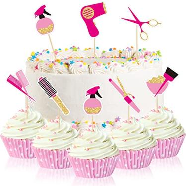 Imagem de 42 peças de enfeites de cupcake para maquiagem barbearia toppers de cupcake com glitter dourado corte de cabelo despedida de solteira enfeites de bolo de beleza cosmética para chá de panela de aniversário decorações de bolo