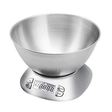 Imagem de Escala de cozinha digital com tigela removível de 2,5 l de volume, balança de alimentos eletrônica de aço inoxidável para assar na cozinha, temperatura da sala, temporizador de alarme, 5,5 kg, pilhas incluídas