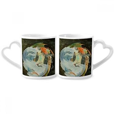 Imagem de Conjunto de canecas de porcelana para casal, ilustrador antigo chinês, guindaste branco, coração