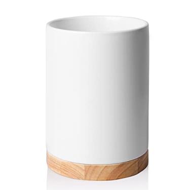 Imagem de Suporte de utensílios de cozinha Sweejar com fundo de madeira, 17 cm de cerâmica para guardar espátulas para bancada de cozinha, boas-vindas, casamento, presente de aniversário (branco)