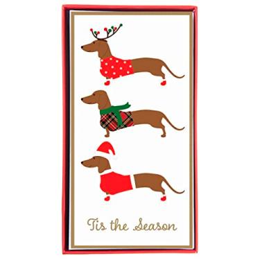 Imagem de Graphique Weiner Dogs Porta-dinheiro | Pacote com 15 cartões com envelopes | Suporte para dinheiro ou cartão de presente | Saudações de Natal | Detalhes em folha dourada e vermelho flocagem | Conjunto em caixa | 9,5 x 18,4 cm