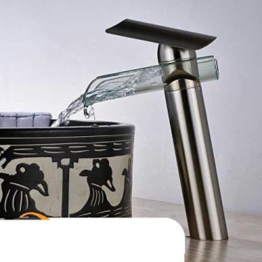 Imagem de Torneira de lavatório com bico em cascata de vidro Torneira de água quente e fria montada no convés Torneira misturadora de banheiro de manípulo único, níquel alto escovado