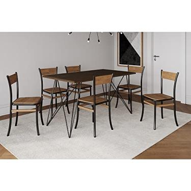 Imagem de CONJUNTO MESA DE JANTAR TRAMA COM 6 CADEIRAS PARIS BASE PRETO E TAMPO AMÊNDOA 140 CM
