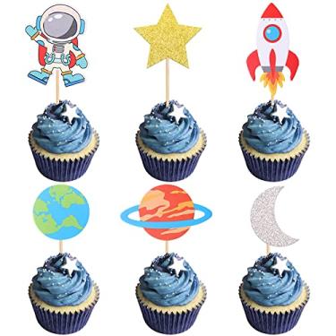 Imagem de Pacote com 36 topos de cupcake astronauta espacial planeta foguete nave espacial viagem à lua estrela cupcake palhetas de comida universo tema espaço sideral chá de bebê crianças festa de aniversário decoração de bolo suprimentos