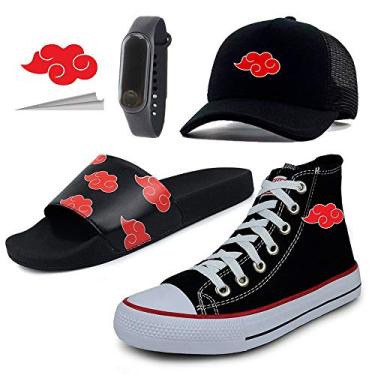 Imagem de Kit Naruto Akatsuki Tênis Star + Chinelo Slide + Boné Relógio e Adesivo do Anime Preto Tamanho:33;Cor:Preto;Gênero:Mascu