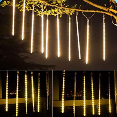 Imagem de Xunata Luzes solares ao ar livre, 8 tubos 144 LED à prova d'água chuva de meteoros, luz de Natal, gota de chuva caindo, cordão de luzes de gelo em cascata para decoração de árvore