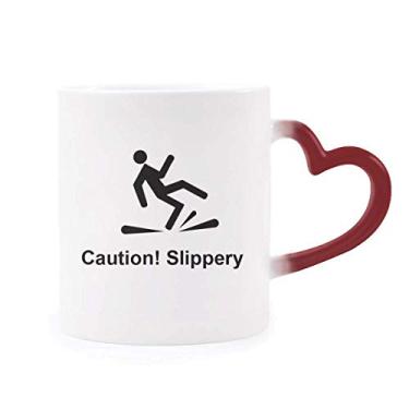 Imagem de Caution Slippery Black Symbol Heat Sensitive Mug Red Color Changing Grés Cup
