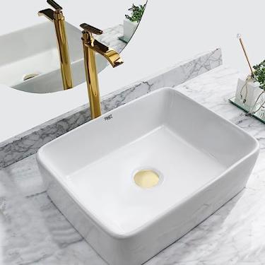 Imagem de Kit Cuba Pia Louça Cerâmica Banheiro C/Torn e Vál Dourada 4