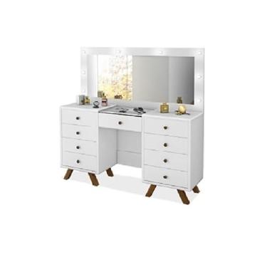 Imagem de Penteadeira Camarim Mila 9 gavetas led espelho pés de madeira Branco