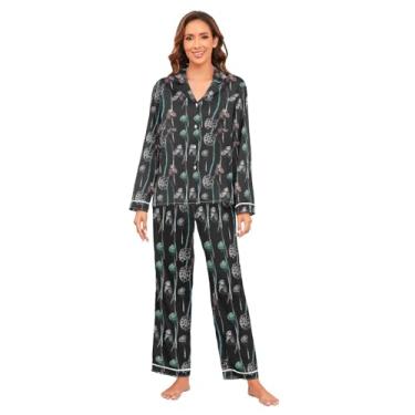 Imagem de KLL Conjunto de pijama floral pastel e preto combinando macio e confortável feminino cetim conjunto de pijama para mulheres cetim de seda, Padrão floral pastel e preto, G