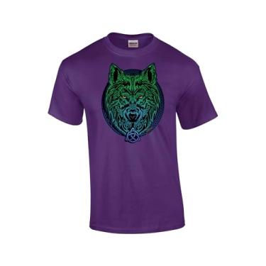 Imagem de Camiseta unissex multicolorida com estampa de lobo celta Alpha Pride Predatory Wild Animal de manga curta, Roxa, G