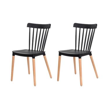 Imagem de Kit 2 Cadeiras Ellen Windsor Polipropileno Preta Base Madeira Sala Cozinha Jantar