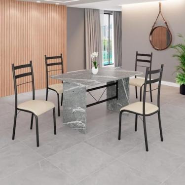Imagem de Conjunto Sala de Jantar Mesa Retangular 120x75cm Tampo Granito Topázio 4 Cadeiras Marselha Creme/Preto Fosco