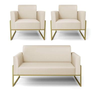 Imagem de Sofá Namoradeira Com 2 Poltronas Base Industrial Alta Dourado Marisa Corino D03 - D\`rossi Cor Bege