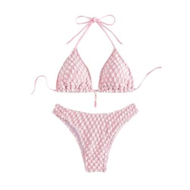 Imagem de BEAUDRM Conjunto de biquíni feminino de 2 peças sólidas de bolinhas 3D amarrado frente única conjunto de triângulo traje de banho roupa de banho roupa de praia, rosa, P