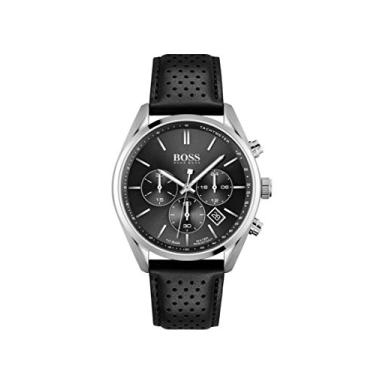 Imagem de BOSS Relógio masculino de quartzo de aço inoxidável com pulseira de couro, preto, 22 (m...