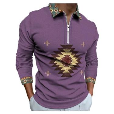 Imagem de Camisa polo masculina estampa asteca meio zíper frontal pulôver de mangas compridas combinando com cores, Roxo, XXG